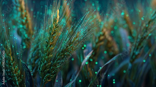 Wallpaper Mural Digital Art of Wheat Stalks with Neon Data Lines and Moist Leaves in a Futuristic Landscape Torontodigital.ca