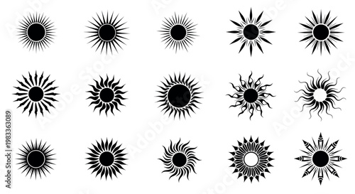 set of black and white mandala sunburst patterns for design elements
