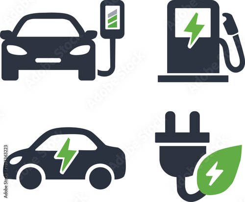 Electric vehicle charging icons depicting cars stations and power sources
