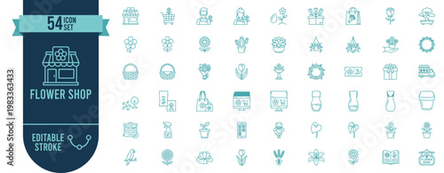 Flower Shop Icons Set, 54 Line Icons, Bouquet, Florist, Rose, Garden, Floral Arrangement, Editable Stroke, Vector Icons
