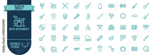 Music Instruments Icons Set, 50 Line Icons, Guitar, Piano, Drums, Saxophone, Editable Stroke, Vector Icons

