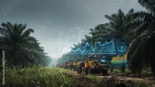Wallpaper Mural Digital Overlay of Oil Harvesting Scene with Machines in a Palm Oil Plantation Under Cloudy Sky Torontodigital.ca