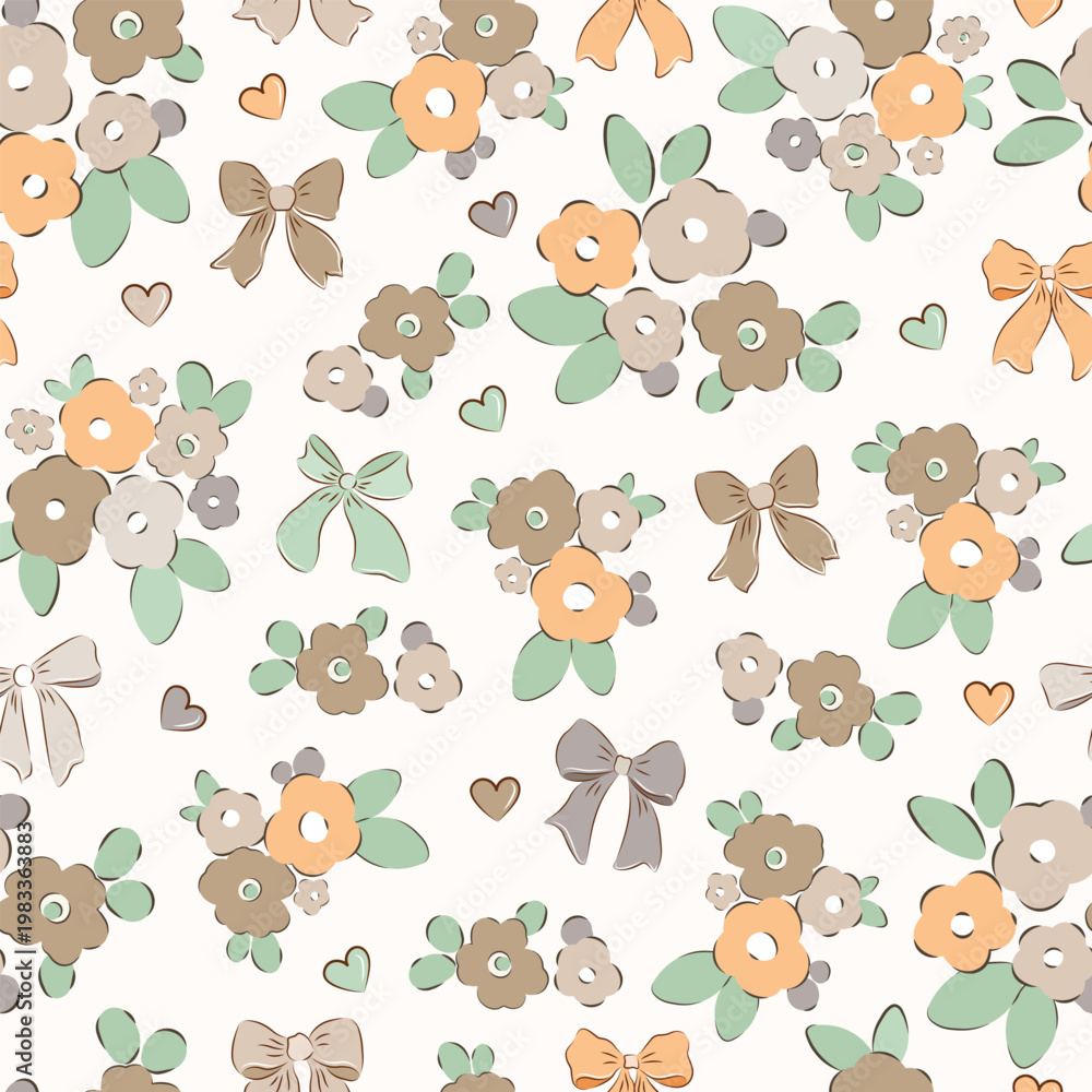 Fototapeta premium Preppy flirty flower with bow seamless pattern bow background. Vector cute cartoon hand-drawn illustration. textile, baby clothes, wallpaper, scrubbing, fabric