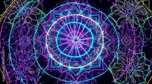 Neon Mandala Galaxy: Pulsating Rainbow Sacred Geometry with Spinning Rings on Cosmic Black Background - Psychedelic Abstract Art