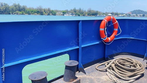 Ferry Deck Safety Equipment – Lifebuoy and Rope Nautical Detail, Boat Deck Life Buoy Rope Coil Marine, Safety Equipment Nautical