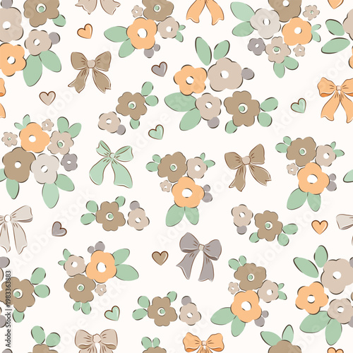 Preppy flirty flower with bow  seamless pattern bow background. Vector cute cartoon hand-drawn illustration.  textile, baby clothes, wallpaper, scrubbing, fabric