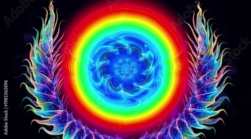 Rainbow Vortex Portal: Hypnotic Blue Core with Flaming Rainbow Rings and Ethereal Wings on Black Void - Psychedelic Abstract Background