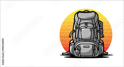 Adventure backpack illustration against sunset background