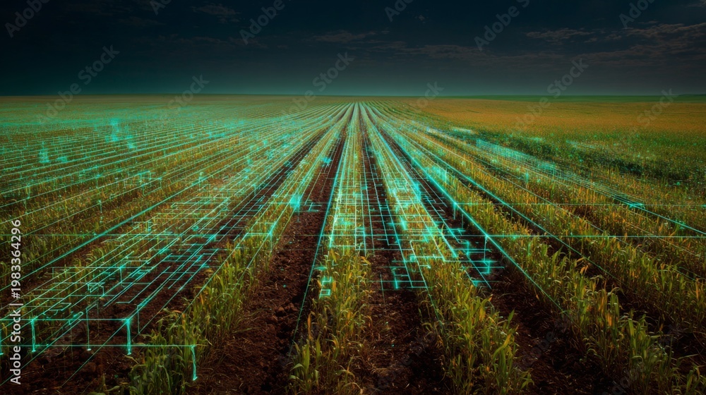 custom made wallpaper toronto digitalGlowing Data Grid Over Agricultural Wheat Fields in Linear Rows for Modern Farming Insights and Analysis Technology