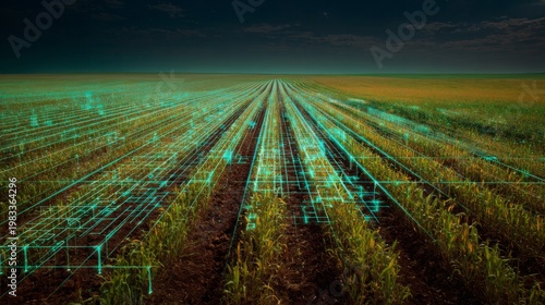 Wallpaper Mural Glowing Data Grid Over Agricultural Wheat Fields in Linear Rows for Modern Farming Insights and Analysis Technology Torontodigital.ca