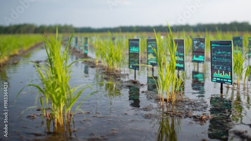 Wallpaper Mural Flooded Field with Seedlings and Floating Data Panels in Agriculture Research Setting Torontodigital.ca