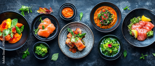 A selection of exquisite dishes featuring fish, vegetables and herbs, presented against a dark background, serves as the main backdrop for the gastronomic presentation.