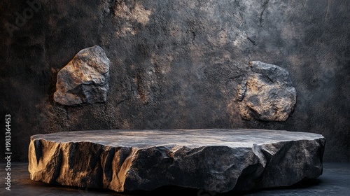 A flat stone against a dark textured wall serves as a backdrop for displaying minimalist objects.