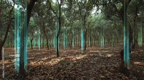 Wallpaper Mural Digital Visualization of Trees with Smart Overlay for Monitoring Environmental Flow in a Lush Forest Landscape Torontodigital.ca