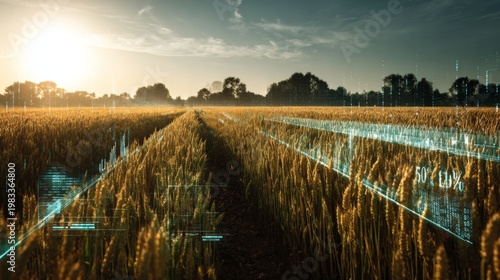 Wallpaper Mural Expansive Wheat Field with Digital Eco Data Overlays Under Soft Sunset Light in Rural Landscape Torontodigital.ca