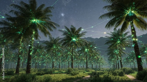Wallpaper Mural Glowing Data Nodes Connecting Palm Trees in a Mystical Plantation Under Starry Night Sky Torontodigital.ca