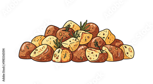 A bountiful illustration of baked potato wedges and whole potatoes adorned with fragrant rosemary sprigs, perfect for culinary inspiration and