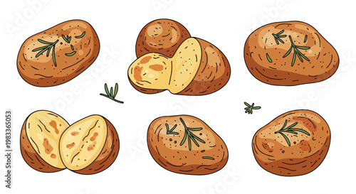 Whimsical Hand-Drawn Illustrations of Potatoes Adorned with Fresh Rosemary Sprigs on a Clean White Background, Culinary Art