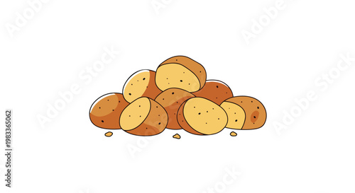 A pile of freshly harvested brown and yellow potatoes, some cut in half showcasing their starchy interiors and dotted texture against a clean white