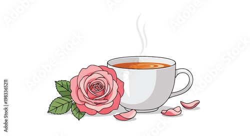 A Fragrant Cup of Tea Adorned by a Pink Rose and Delicate Petals, Evoking Serenity and Floral Aroma