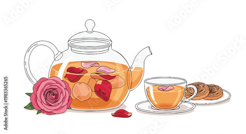 A delicate floral tea infusion served in a glass teapot alongside a matching cup and sweet pastries, evoking tranquility and refined taste.