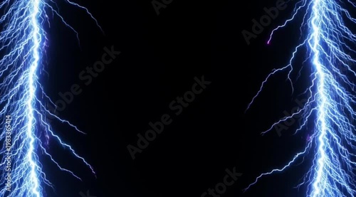 Dynamic Blue Lightning Bolts: Symmetric Electric Plasma Discharge on Black Void - Powerful Energy Abstract Background