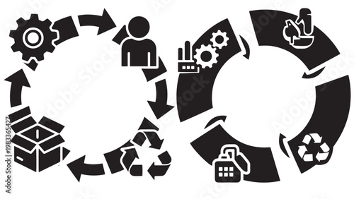 Product Lifecycle Loop Icon for Design to Reuse — Minimal Black-and-White Solid Silhouette, Flat Vector, Isolated on White