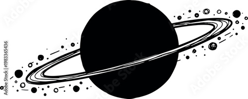 Black Planet with Rings and Surrounding Particles Artistic Illustration