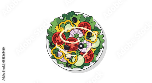 Vibrant illustration of a fresh garden salad with dressing artfully drizzled on top, showcasing healthy eating.