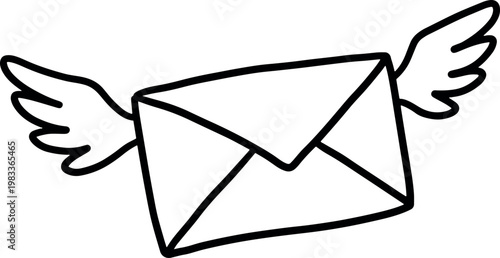 Cartoon Envelope with Wings Illustration in Black and White Style