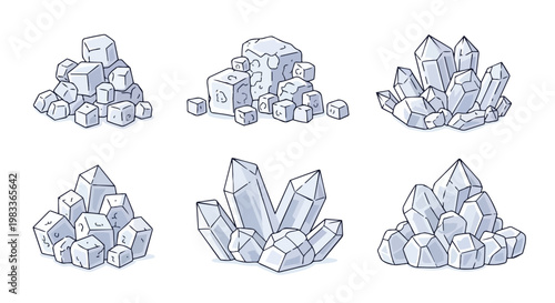 Collection of stylized cubic and prismatic mineral formations in various cluster arrangements on a white background illustrated with subtle shading