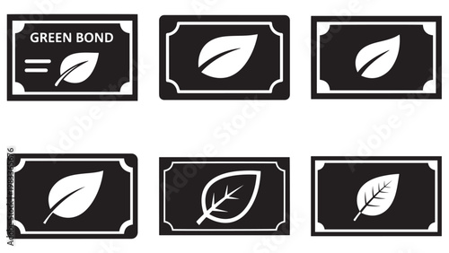 Green Bond Certificate Icon with Leaf Watermark — Minimal Black-and-White Solid Silhouette, Flat Vector, Isolated on White