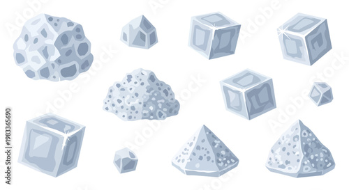 Collection of Diverse Crystalline Structures and Mineral Formations Rendered in a Stylized Artistic Manner Against a White Backdrop