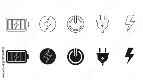 Energy Icons Set Outline and Filled Style Battery Charging Power Plug Lightning Vector Minimal UI Grid Pack