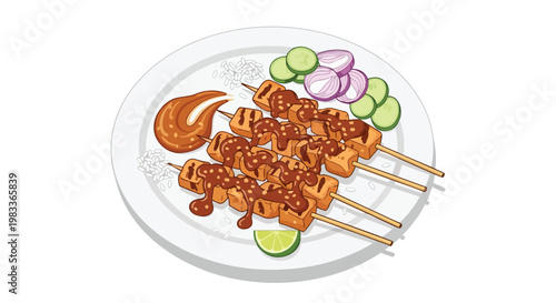 Savory Skewers Adorned with Rich Sauce, Rice, and Fresh Accompaniments on a White Plate