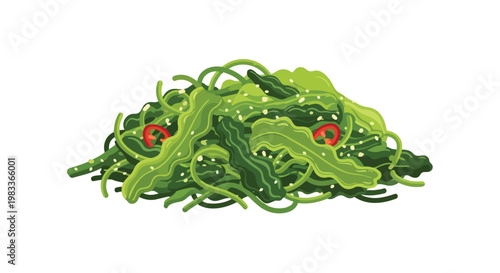 Vibrant green seaweed salad with chili slices and sesame seeds, a healthy and flavorful culinary delight presented on a clean white background