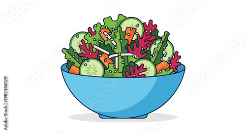 A vibrant cartoon illustration of a refreshing blue bowl brimming with a diverse assortment of fresh, healthy salad ingredients