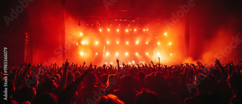 The crowd of spectators with their hands raised at the red-themed concert, complete with smoke and lights, provides the backdrop for stories about live music and energy.