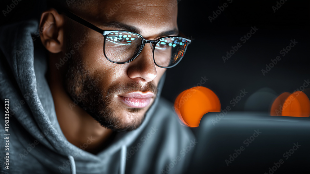 Obraz premium Young Developer Working on Laptop with Intense Concentration, Slight Forward Lean, Clean Workspace, Soft Lighting, Minimal Composition, Coding and Problem Solving Concept