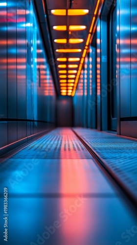 A long corridor lit by blue and orange lights stretches into the distance, providing a backdrop for scenes of modern transport and traffic.