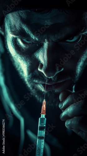 A hooded man with an intense gaze holding a syringe in the darkness creates a sense of tension and serves as the perfect backdrop for content exploring mystery and risk.