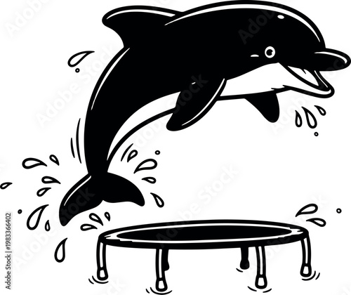 Black and White Cartoon Dolphin Jumping into Small Trampoline