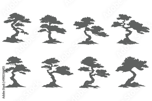 small pine tree silhouettes on the white background volume