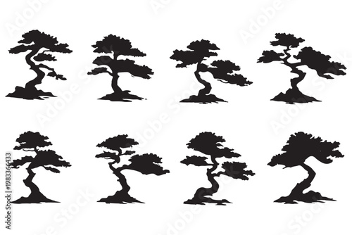 small pine tree silhouettes on the white background volume