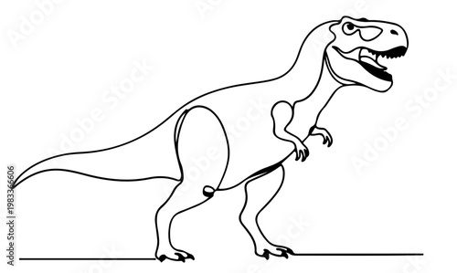 A classic line drawing illustration of a T-Rex dinosaur in profile, showcasing its powerful stance and characteristic features. This prehistoric creature is depicted with clean, minimalist lines