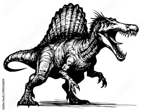 Captivating black and white illustration showcasing a formidable Spinosaurus, a large carnivorous dinosaur, with its distinctive dorsal sail and open maw, embodying primal power