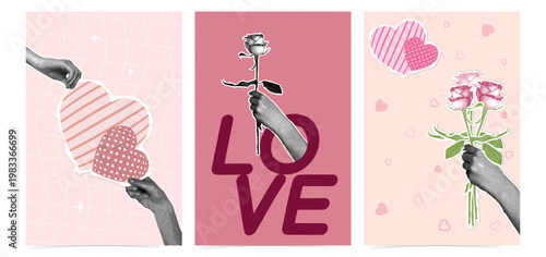 A set of collage posters featuring a woman's hand holding a heart and a rose. Trendy halftone collage. Retro graphic design with a halftone texture for a Valentine's Day card, invitation, or romantic 