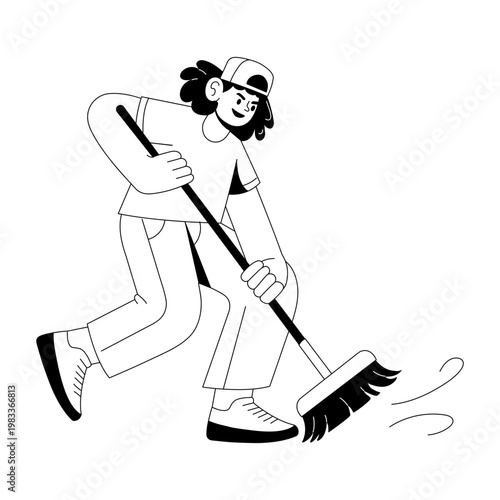 A glyph style illustration showing a person doing floor sweeping 
