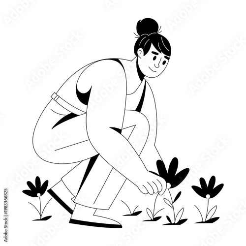 A glyph style illustration showing a person plucking flower 
