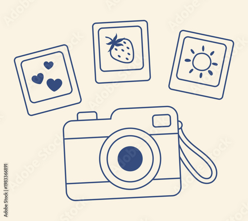 Mediterranean style vintage camera line icon with instant photos hearts strawberry sun minimal blue outline illustration photography memory concept travel summer lifestyle flat design
